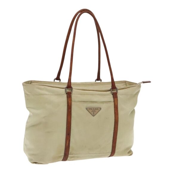 PRADA Shoulder Bag Nylon Leather Beige Brown Silver Auth 94649 - Picture 1 of 14